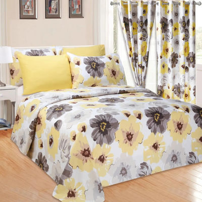 Home 100% Polyester Yellow Floral Print Bedding Set with 2 Curtains 8 Pieces