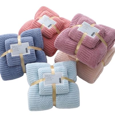 Thick and Soft Coral Fleece Bath Towel Set Perfect for All Ages Auspicious Grid Design