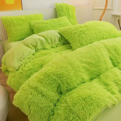 4 Pcs Queen Size Duvet Cover Set with Satin Skirt and Cotton Velvet Bedding Materials