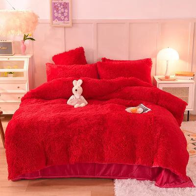 4 Pcs Queen Size Duvet Cover Set with Satin Skirt and Cotton Velvet Bedding Materials