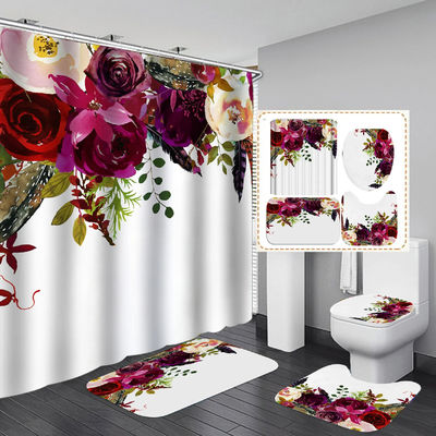 Thicken Digital Printing Flower Design Bathroom Shower Curtains and Rugs Set Seasonal