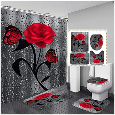 Customized Rose Flower 100% Polyester Waterproof Shower Curtain Bathroom 4pcs Set Top-
