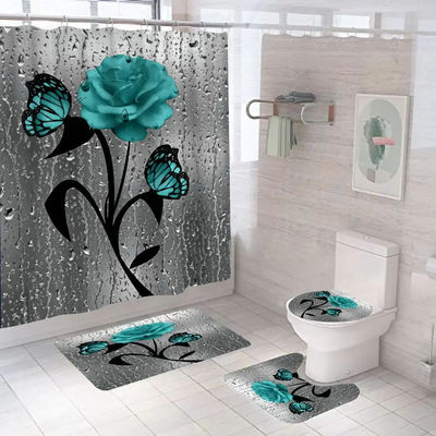 Customized Rose Flower 100% Polyester Waterproof Shower Curtain Bathroom 4pcs Set Top-