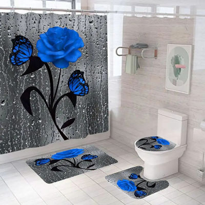 Customized Rose Flower 100% Polyester Waterproof Shower Curtain Bathroom 4pcs Set Top-
