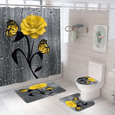 Customized Rose Flower 100% Polyester Waterproof Shower Curtain Bathroom 4pcs Set Top-