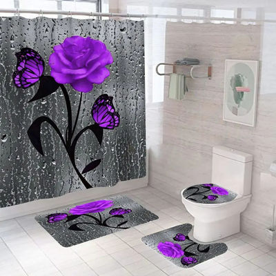 Customized Rose Flower 100% Polyester Waterproof Shower Curtain Bathroom 4pcs Set Top-
