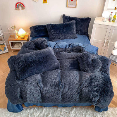 Soft and Warm Sheet Set for Kids Girl Rainbow Color Bed Sets Fur Velvet Fluffy Plush 4 Pcs