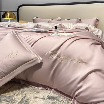 Solid Color Light Luxury Washed Silk Embroidery 4 Pcs Bedding Set with Fitted Sheet