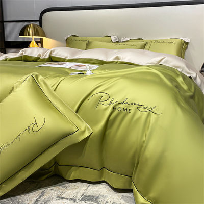 Solid Color Light Luxury Washed Silk Embroidery 4 Pcs Bedding Set with Fitted Sheet