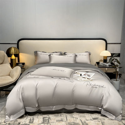 Solid Color Light Luxury Washed Silk Embroidery 4 Pcs Bedding Set with Fitted Sheet