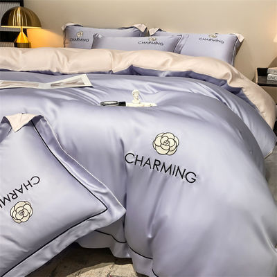 Solid Color Light Luxury Washed Silk Embroidery 4 Pcs Bedding Set with Fitted Sheet