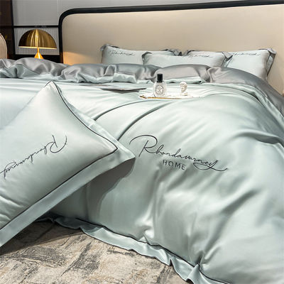 Solid Color Light Luxury Washed Silk Embroidery 4 Pcs Bedding Set with Fitted Sheet