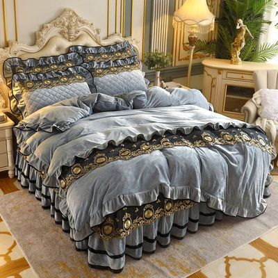 Duvet Cover Set 4pcs 400TC Cotton Bed Skirt Luxury Pleated Bedding with 2 Pillow Cases