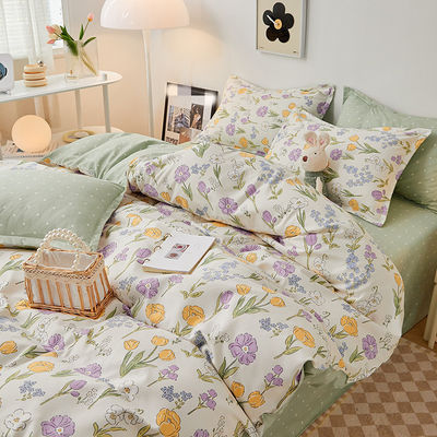 Plant Pattern Cotton Brushed Bedding Set for 2.2m 7 feet Bed Simple Design