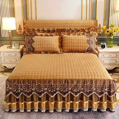 Hotel Bedding Sets Polyester Fiber Filled Floral Plant Printed Bed Cover Fitted Skirt Sheets 3pcs Bedspread Set
