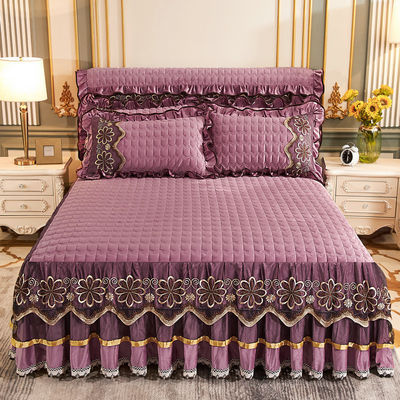Hotel Bedding Sets Polyester Fiber Filled Floral Plant Printed Bed Cover Fitted Skirt Sheets 3pcs Bedspread Set