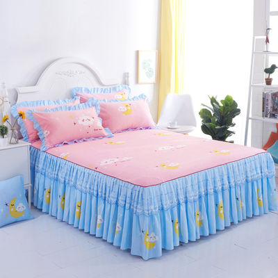 Modern Floral Plant Printed Bed Cover Fitted Lace Bed Skirt Sheets 3pcs Bedding Sets