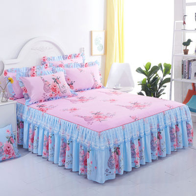 Modern Floral Plant Printed Bed Cover Fitted Lace Bed Skirt Sheets 3pcs Bedding Sets