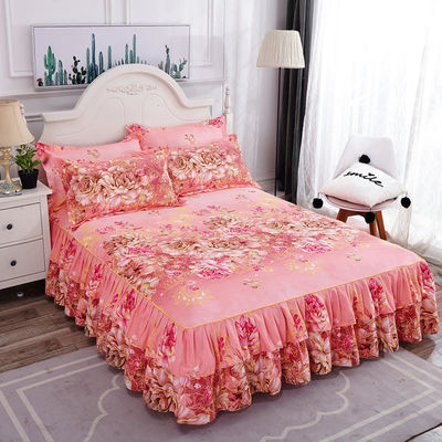 Modern Floral Plant Printed Woven 100% Cotton Bed Cover Fitted Skirt Sheets 3pcs Bedding Bedspread Sets