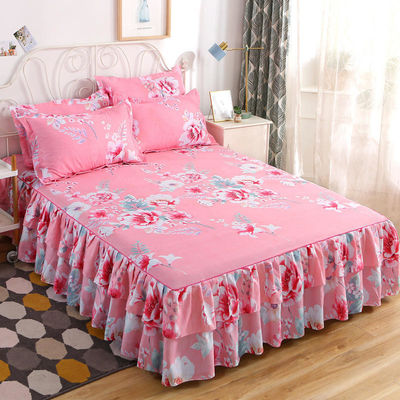 Modern Floral Plant Printed Woven 100% Cotton Bed Cover Fitted Skirt Sheets 3pcs Bedding Bedspread Sets