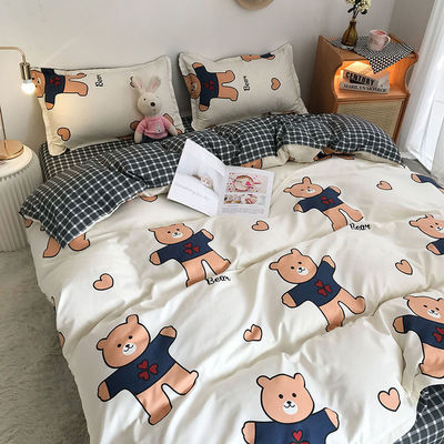 Simple 4 Pcs Cartoon Polyester Bedding Sheet Set for Twin Double Queen King Size Beds