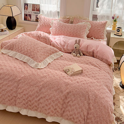 2023 Hot Lace Rose Rabbit Plush Four-Piece Set Comforter Set with Solid Pattern Type
