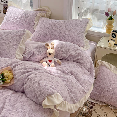 2023 Hot Lace Rose Rabbit Plush Four-Piece Set Comforter Set with Solid Pattern Type