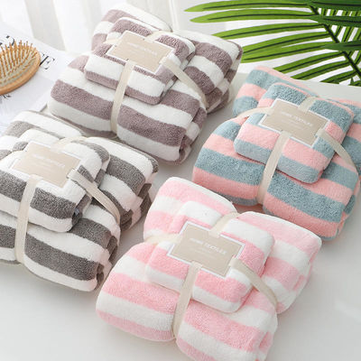 Broad Stripe Coral Velvet Hand Face Towel Set 35*75cm 70*140cm Microfiber Absorbent Towel Set