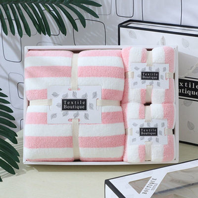 Broad Stripe Coral Velvet Hand Face Towel Set 35*75cm 70*140cm Microfiber Absorbent Towel Set