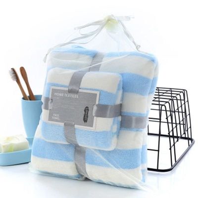 Broad Stripe Coral Velvet Hand Face Towel Set 35*75cm 70*140cm Microfiber Absorbent Towel Set