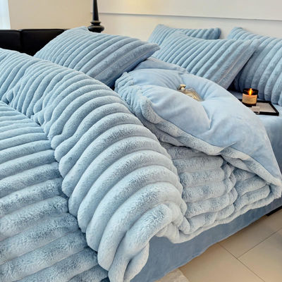 YARN DYED Rabbit Faux Fur Fluffy Plush Warm Duvet Cover Set Four-piece Bedding Set