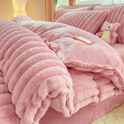 YARN DYED Rabbit Faux Fur Fluffy Plush Warm Duvet Cover Set Four-piece Bedding Set