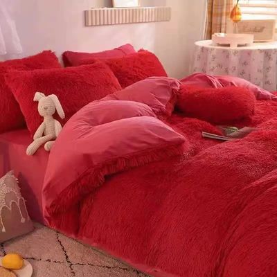 Home Hotel Queen Size Bedding Set with Satin Skirt Sheet and Cotton Velvet Duvet Cover