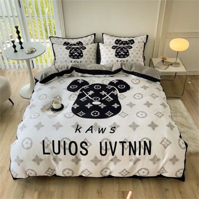 Grid Twin Size Duvet Cover Bed Sheet Bedding Set 4-In-1 Brushed Cotton Nondisposable