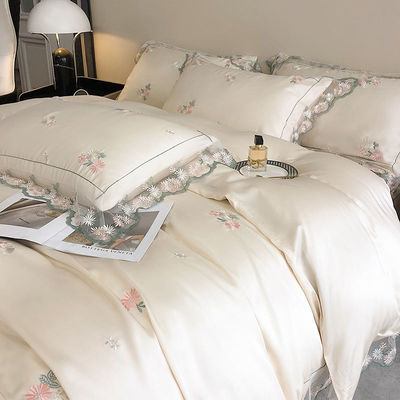 All-Season White Silk Queen King Size Bedding Set with Handmade Embroidery Lace Side