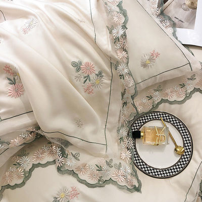 All-Season White Silk Queen King Size Bedding Set with Handmade Embroidery Lace Side