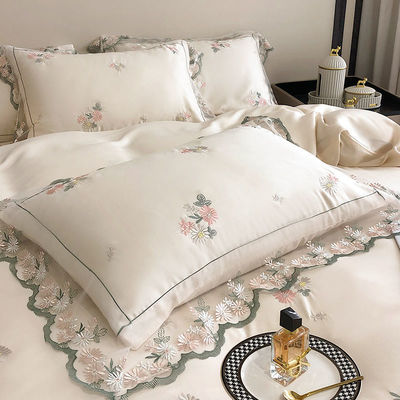 All-Season White Silk Queen King Size Bedding Set with Handmade Embroidery Lace Side