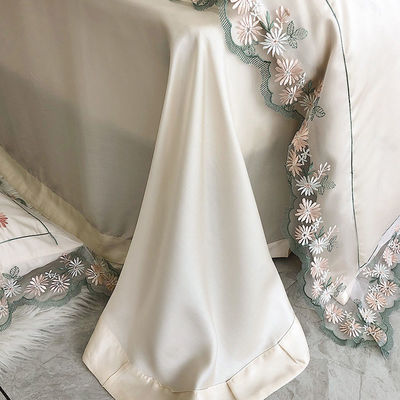 All-Season White Silk Queen King Size Bedding Set with Handmade Embroidery Lace Side