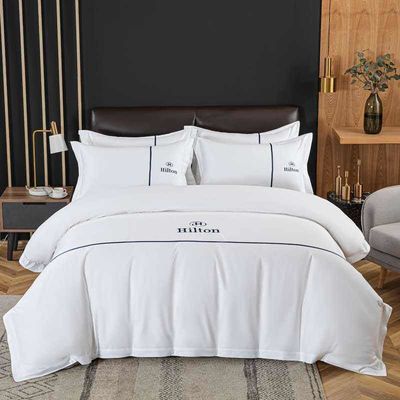 300TC Satin White King Size Hotel Duvet Quilt Cover Flat Sheet Set with Solid Pattern