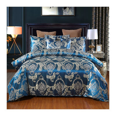 Solid Colour Satin Duvet Cover Set European Retro Baroque Style Custom Jacquard Blue
