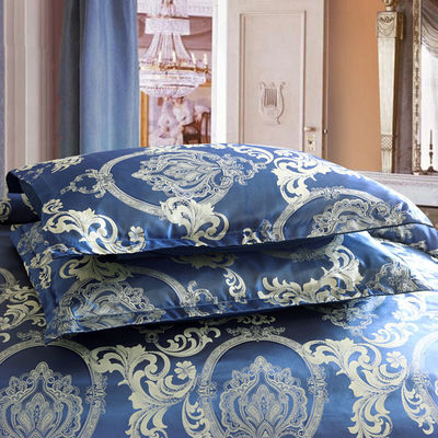Solid Colour Satin Duvet Cover Set European Retro Baroque Style Custom Jacquard Blue