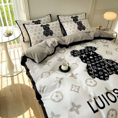 Customized Color 4Pcs 100% Polyester White Bear Bed Sheet Set For Hotel Baby Home